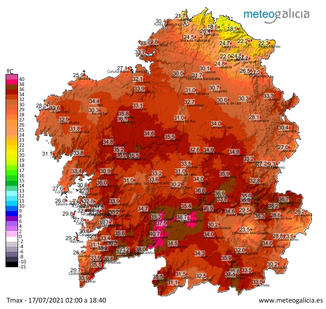 Mapa de temperaturas mu00e1ximas este su00e1bado publicado por Meteogalicia en Twitter