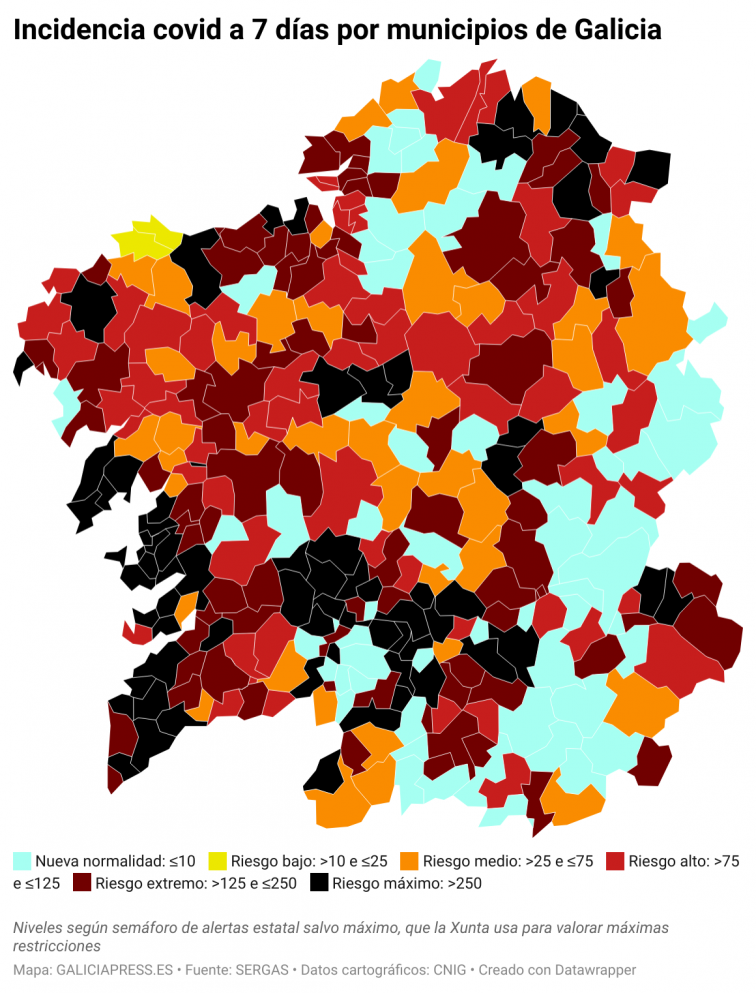 Covid municipios: Riesgo máximo para A Coruña ciudad y casi todas las Rías Baixas y bajada en Ourense capital