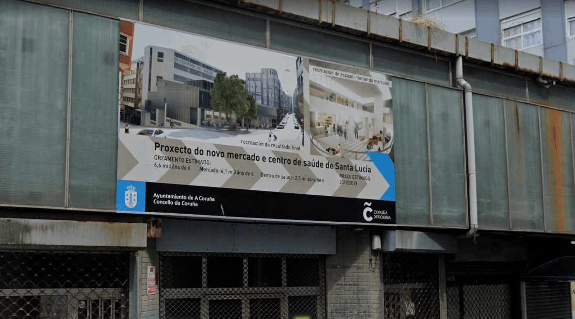 Cartel de las obras en el mercado de Santa Lucu00eda