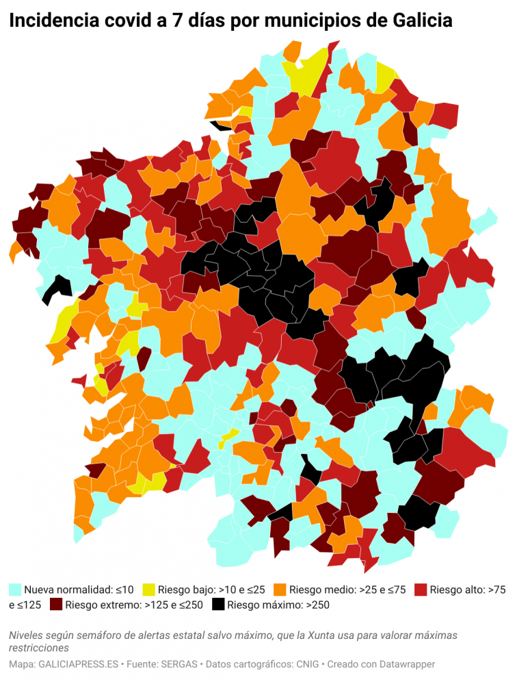 Covid municipios: ya no hay ninguna ciudad empeorando en términos semanales pero crecen los casos en Lugo provincia