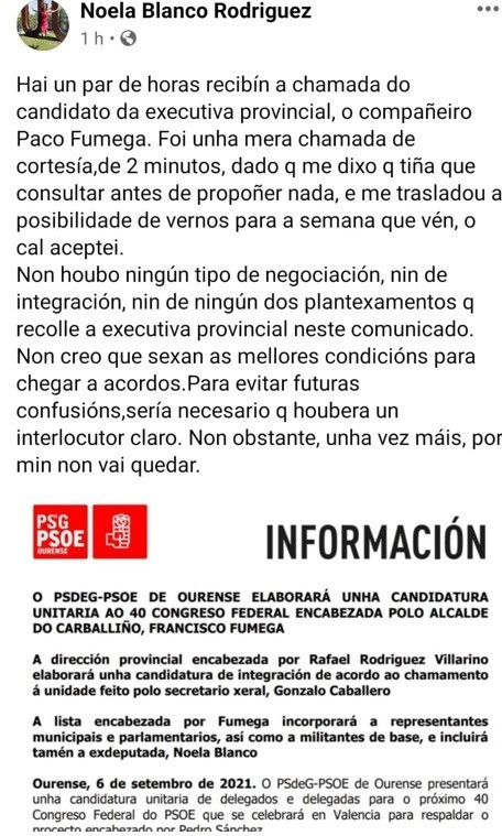 Noela Blanco critica el comunicado del PSOE de Ourense