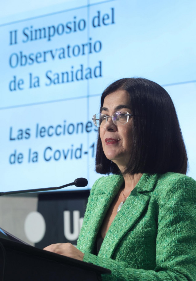 La ministra de Sanidad, Carolina Darias, interviene en la apertura del II Simposio del Observatorio de la Sanidad 'Las Lecciones de la Covid-19', a 13 de septiembre de 2021, en el auditorio de la Universidad Camilo José Cela, Madrid, (España). Organizado