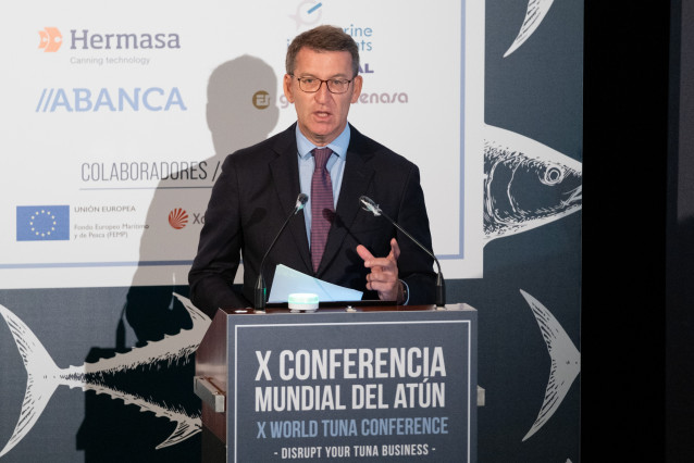 El presidente de la Xunta, Alberto Núñez Feijóo, durante la inauguración de la X Conferencia Mundial del Atún, organizada por Anfaco en Vigo.