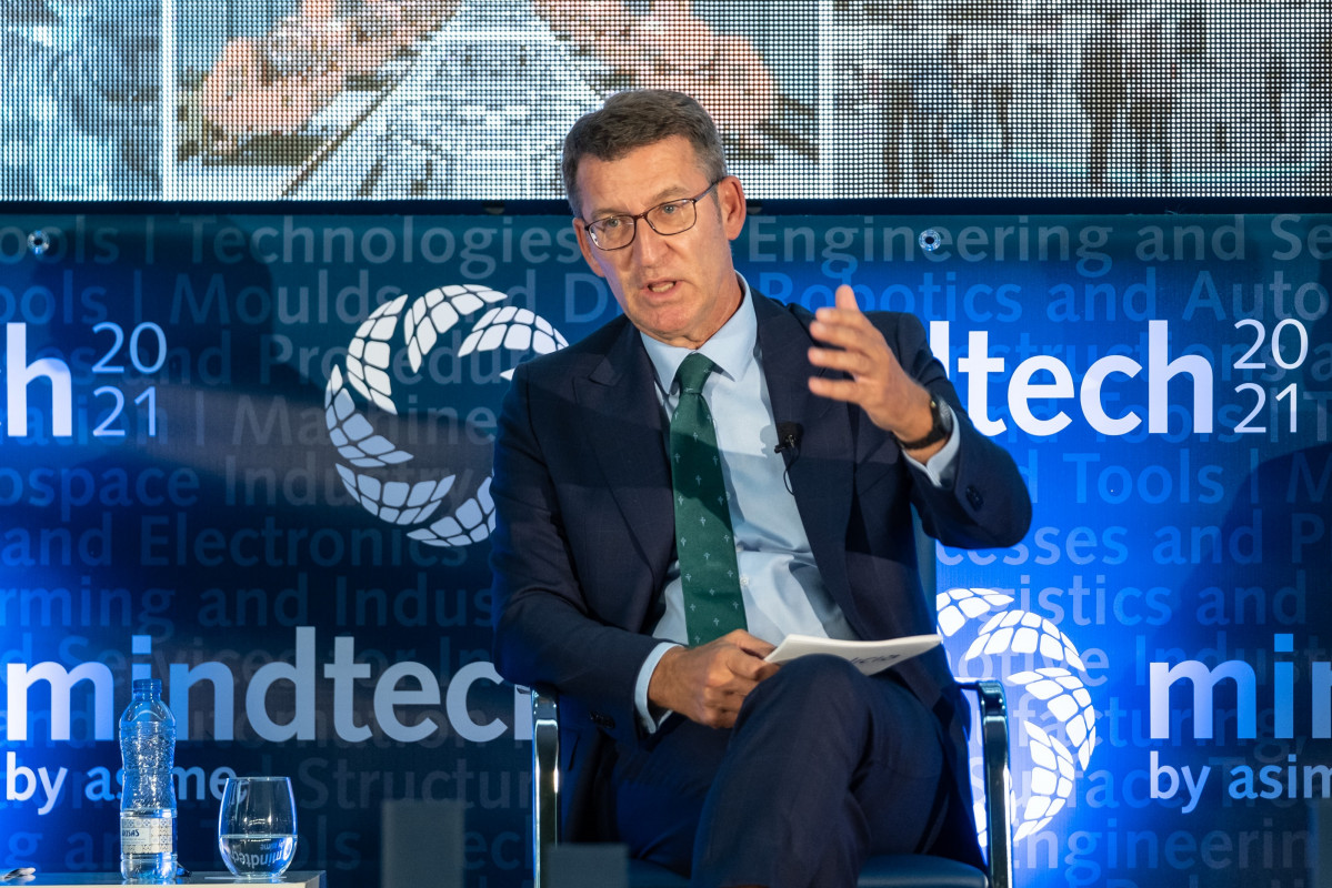 El presidente de la Xunta, Alberto Núñez Feijóo, durante el acto de inauguracion de la feria Mindtech 2021 en Vigo.