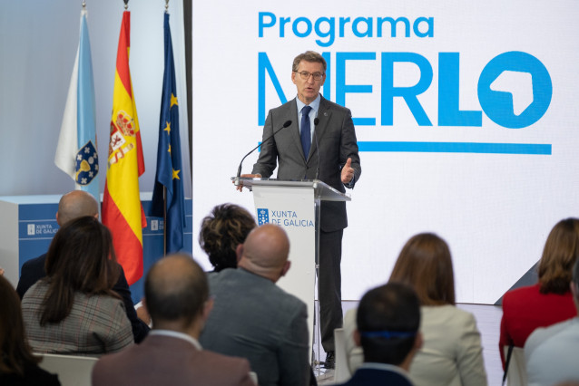 El presidente de la Xunta, Alberto Núñez Feijóo, durante el encuentro 'Retorno Emprendedor: Programa Merlo'.