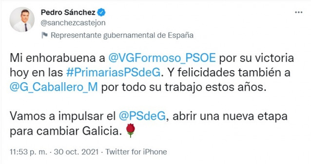 Mensaje publicado por el secretario general del PSOE, Pedro Sánchez, en Twitter