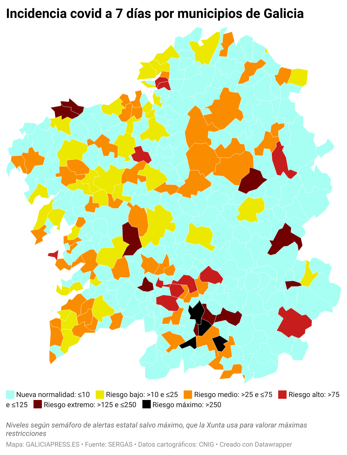 ClElv incidencia covid a 7 d as por municipios de galicia 