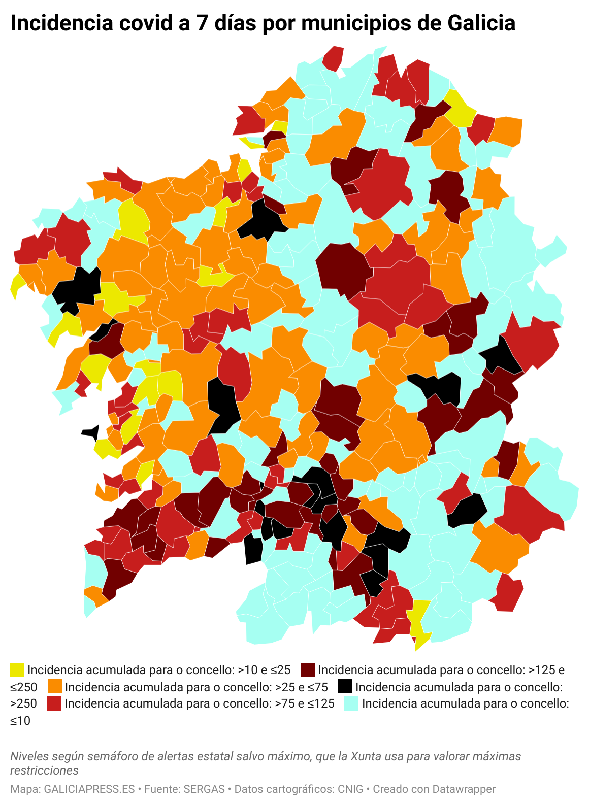ClElv incidencia covid a 7 d as por municipios de galicia 