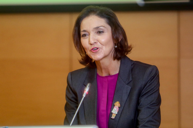 La ministra de Industria, Comercio y Turismo en funciones, Reyes Maroto, presenta la campaña institucional para la concienciación y sensibilización sobre la falsificación de bienes y mercancías y sus consecuencias sociales y económicas, en la sede del Min