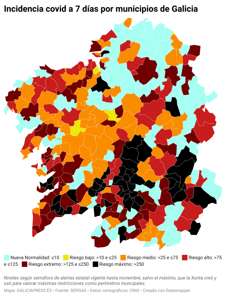 Covid muncipios Galicia: estallido de positivos en Pontevedra y sigue bajando un poco en Lugo