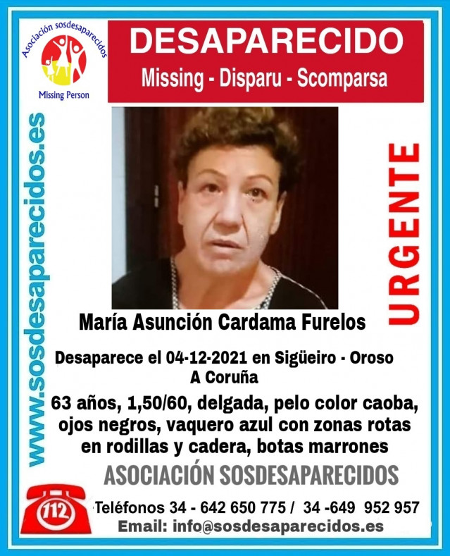María Asunción Cardama Furelos, mujer de 65 años desaparecida en Sigüeiro, Oroso (A Coruña).