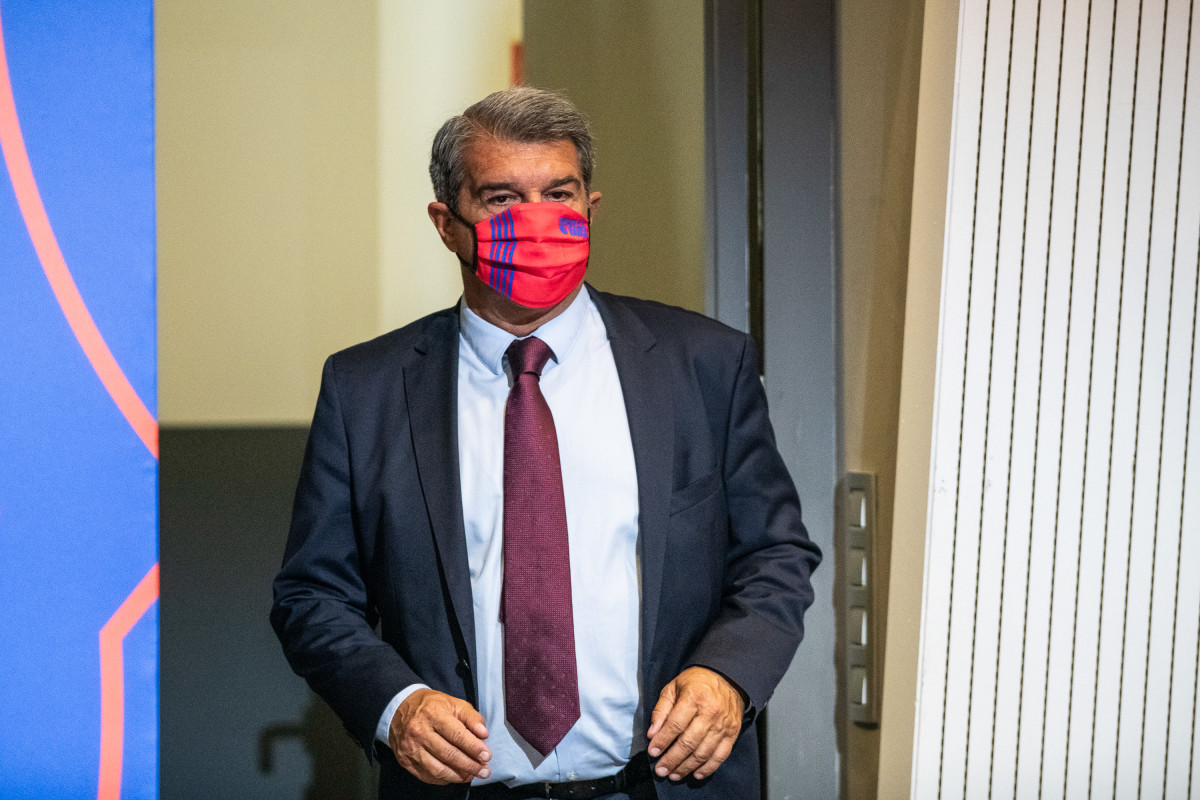 Joan Laporta, President of FC Barcelona, is seen during the Leo Messi press conference to talk about his departure from FC Barcelona at Camp Nou stadium on August 08, 2021, in Barcelona, Spain