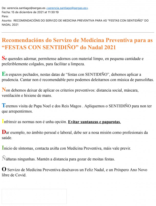 Correo con las recomendaciones remitidas  por Medicina Preventiva del área sanitaria de Santiago.