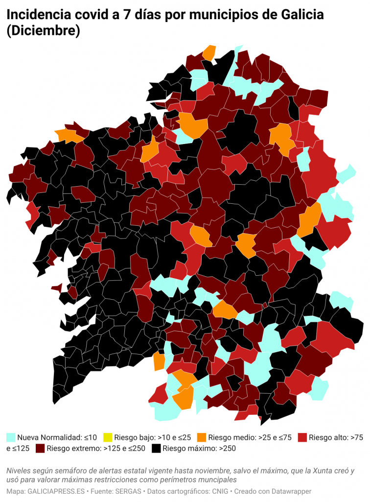 Covid por concellos: Nochebuena negra en las principales ciudades gallegas, con A Coruña (+153) y Vigo (+146) liderando