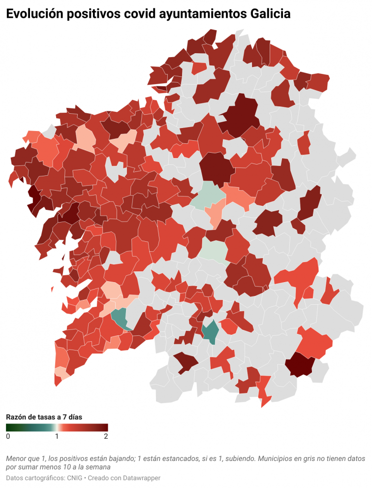 Covid ayuntamientos: A Coruña (+276), Vigo (+260) y Santiago (+131) son los que más empeoran hoy sus cómputos semanales
