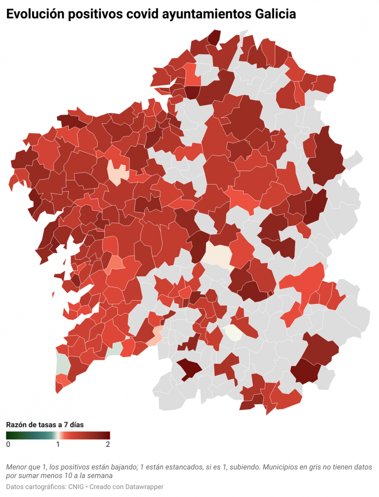 Covid municipios:  Vigo (+387) es la ciudad con más positivos hoy y  Santiago (48% más a la semana) es la que más está empeorando