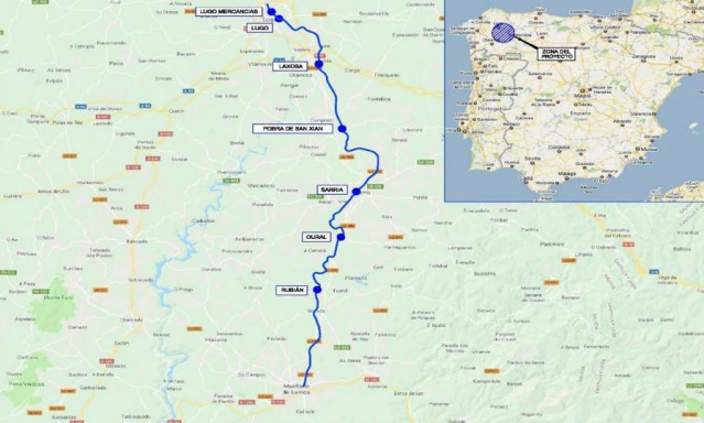 Tramo afectado por obras de mejora en el tramo Monforte de Lemos-Lugo que afectarán al servicio ferroviario entre el 10 de enero y el 10 de mayo.