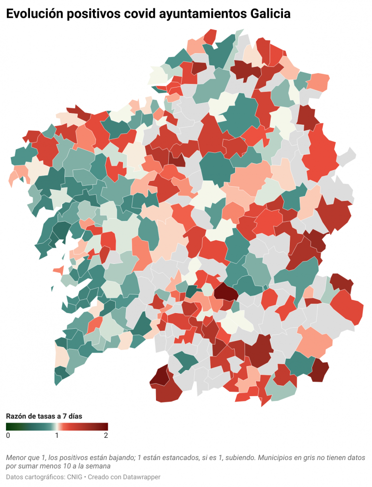 Covid por concellos: cada vez más municipios de las áreas de Vigo, Santiago y Pontevedra comienzan a recuperarse