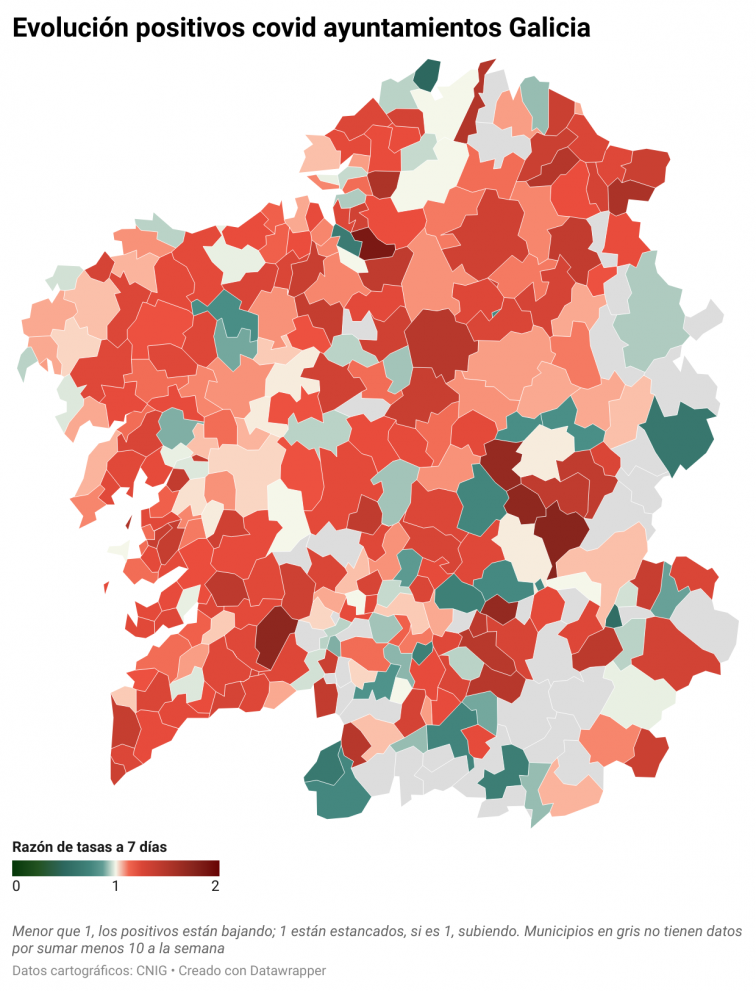 Covid municipios: la tendencia semanal aún es al alza en las ciudades, la peor en Pontevedra y A Coruña