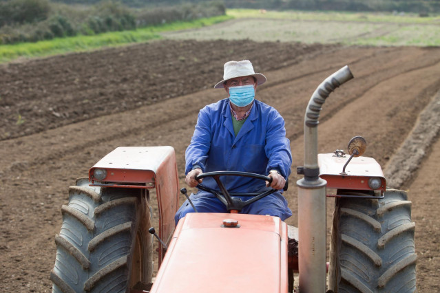 Archivo - Manuel Rodríguez ara sus fincas con el tractor y mascarilla para plantar patatas  en Lugo, Galicia (España), a 24 de marzo de 2021. El sector primario ha sido fundamental durante la pandemia. Agricultores y ganaderos han dado lo mejor de sí mism
