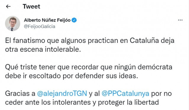 Mensaje publicado por el líder del PP gallego en su perfil de Twitter