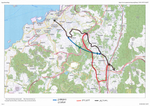 Trazados para llegar a O Porriño desde Vigo.