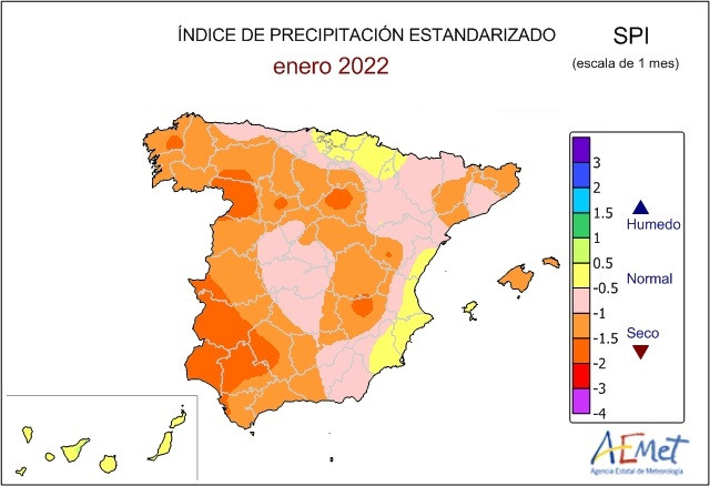 Mapa del índice de precipitaciones en España.