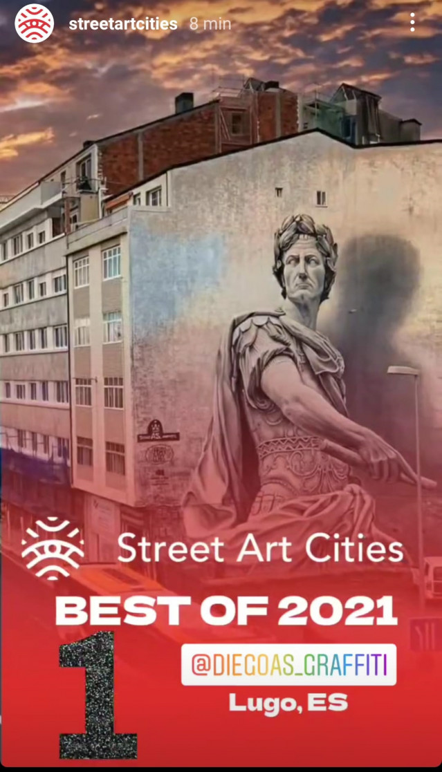 El mural del emperador Julio César que luce en una pared de la Ronda de la Muralla en Lugo ha sido elegido el mejor del mundo de 2021 por el portal Streetartcities.