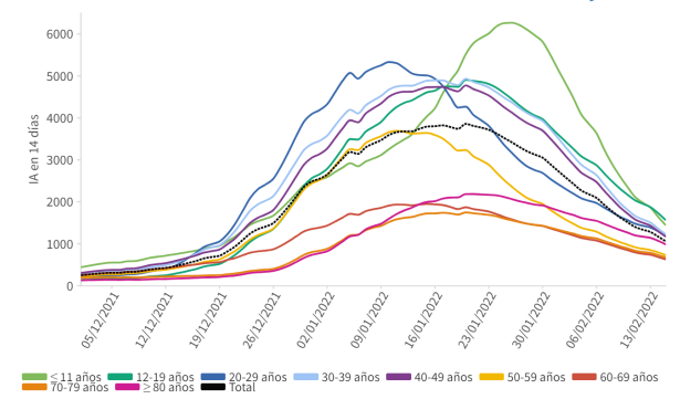 Incidencia acumulada covid 19 en Espau00f1a por tramos de edada a dos semanas