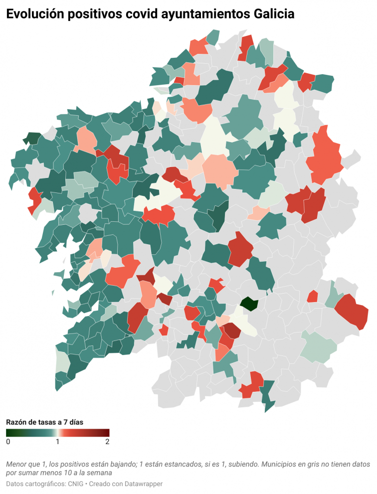 Covid por concellos: Galicia comienza a ganar color, pero en las áreas de Vigo, Santiago y A Coruña impera el negro