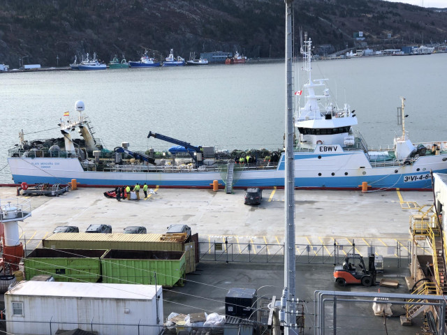 El pesquero español 'Playa Menduiña Dos' a su llegada al Puerto de San Juan de Terranova, a 19 de febrero de 2022, en San Juan, Terranova (Canadá). Los barcos con los tres supervivientes y los nueve cuerpos recuperados tras el naufragio del pesquero con b