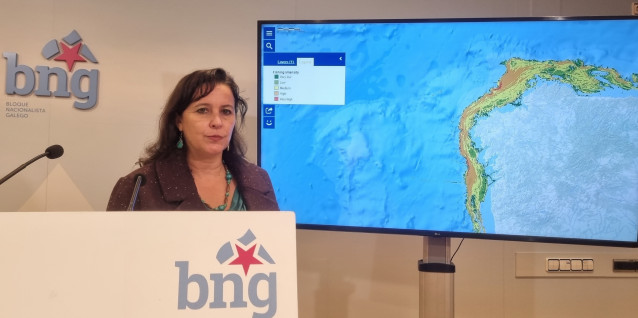 La portavoz del BNG, Ana Miranda, presenta la nueva iniciativa del partido con respecto al impacto de los parques eólicos marinos en el sector pesquero.