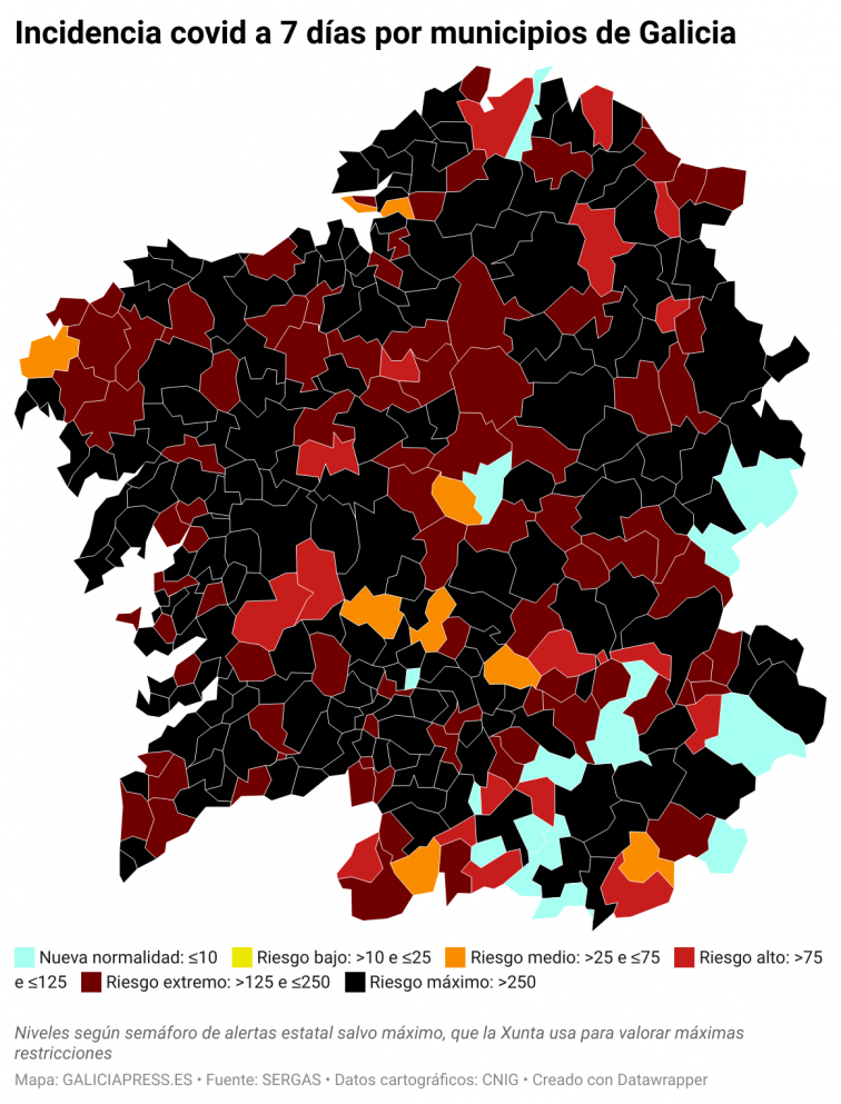 Covid por concellos: A Coruña (-66) y Vigo (46) los que más bajan en un mapa gallego con cada vez más color