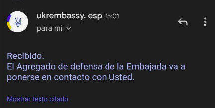 Captura de pantalla de email de reclutamiento de la embaja de Ucrania a un voluntario espau00f1ol