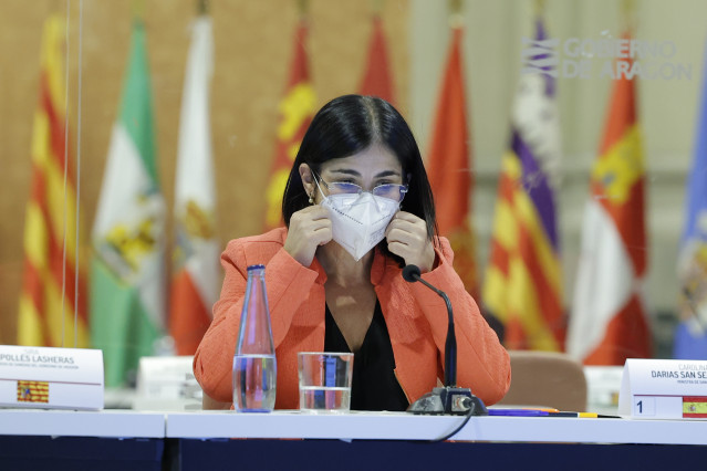 La ministra de Sanidad, Carolina Darias, en una rueda de prensa para informar de lo tratado en la Jornada del Sistema Nacional de Salud sobre Vigilancia de Salud Pública, en el Edificio Pignatelli de Zaragoza, a 10 de marzo de 2022, en Zaragoza, Aragón (E