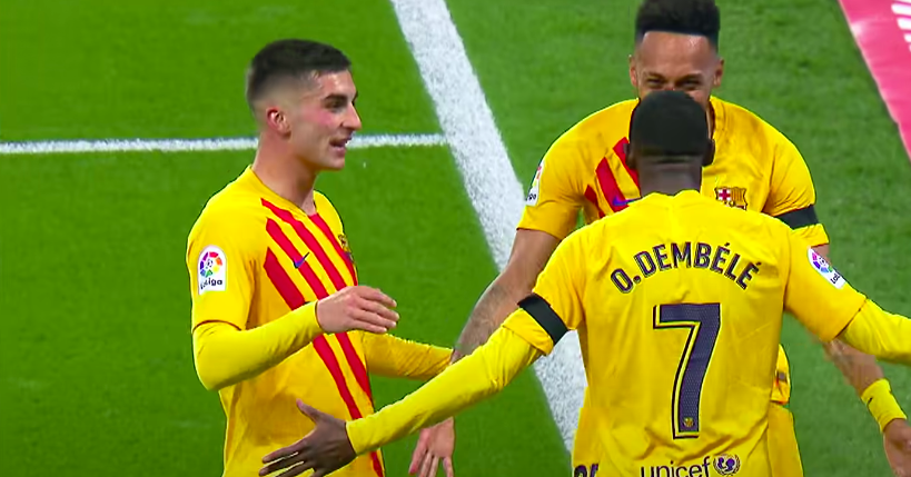 Dembelu00e9 celebra el primer gol tras su asistencia en el Bernabeu