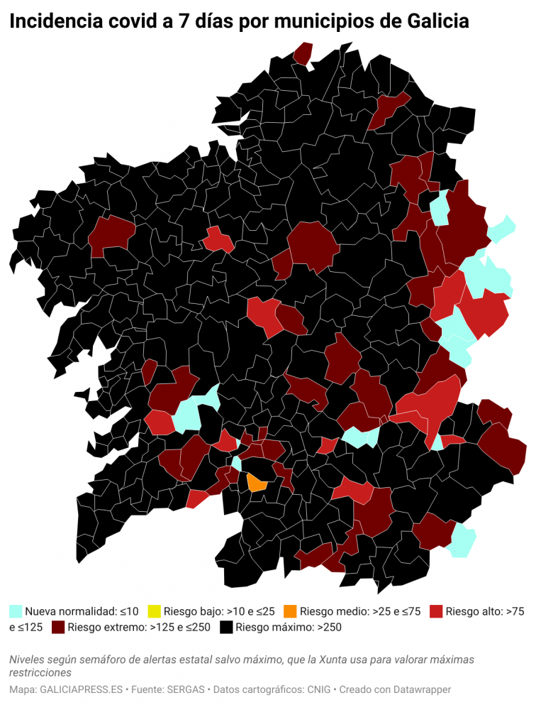 Covid por concellos: el mapa de Galicia se apaga a medida que el negro gana presencia y desaparece la nueva normalidad