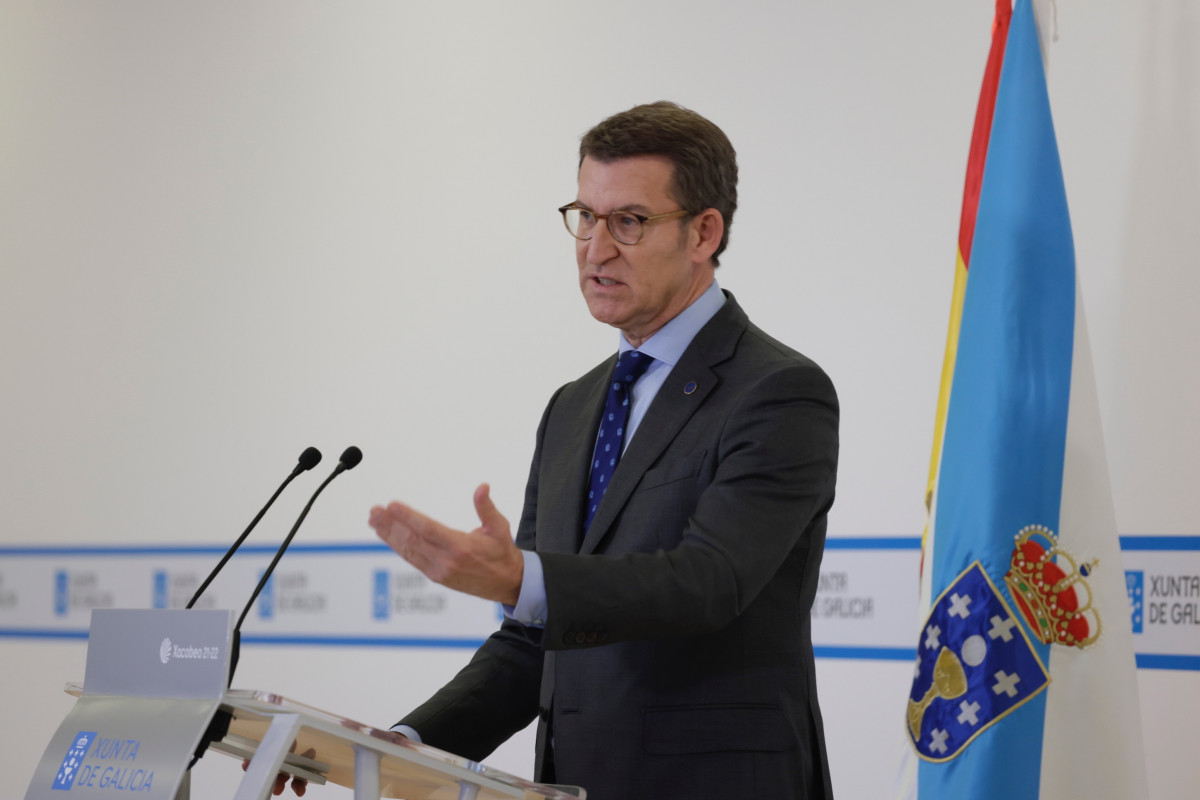 El presidente de la Xunta, Alberto Núñez Feijóo, en rueda de prensa tras el Consello en Pontevedra