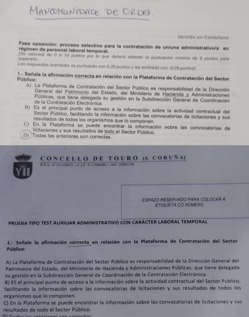 Examenes de la Mancomunidad de Ordes para un puesto en el Ayuntamiento de Frades y examen en el Ayuntamiento de Touro