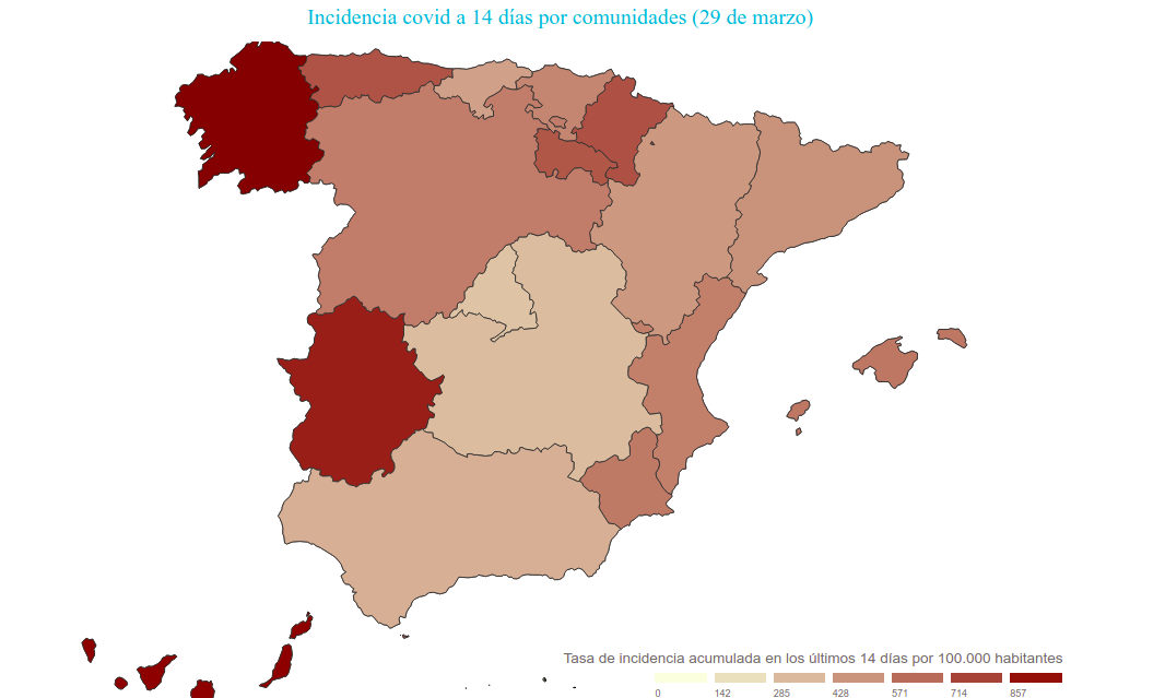 Incidencia covid por autonomu00edas de Espau00f1a a 29 de marzo