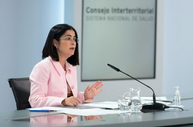 La ministra de Sanidad, Carolina Darias, comparece en rueda de prensa para informar de lo tratado en el Consejo Interterritorial del Sistema Nacional de Salud, en el Complejo de la Moncloa, a 11 de mayo de 2022, en Madrid (España).