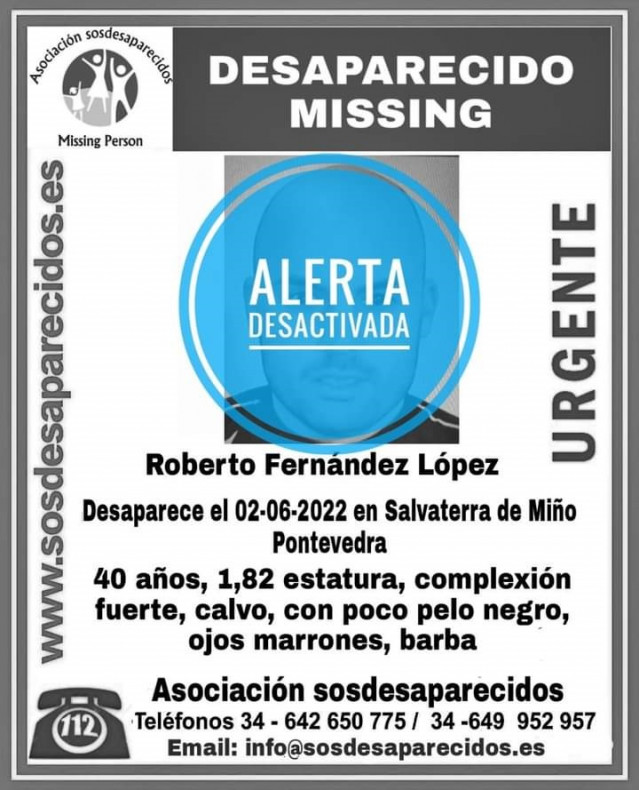 Alerta desactivada de SOS Desaparecidos tras la localización, en buen estado, del vecino de Salvaterra cuya familia denunció su desaparición.