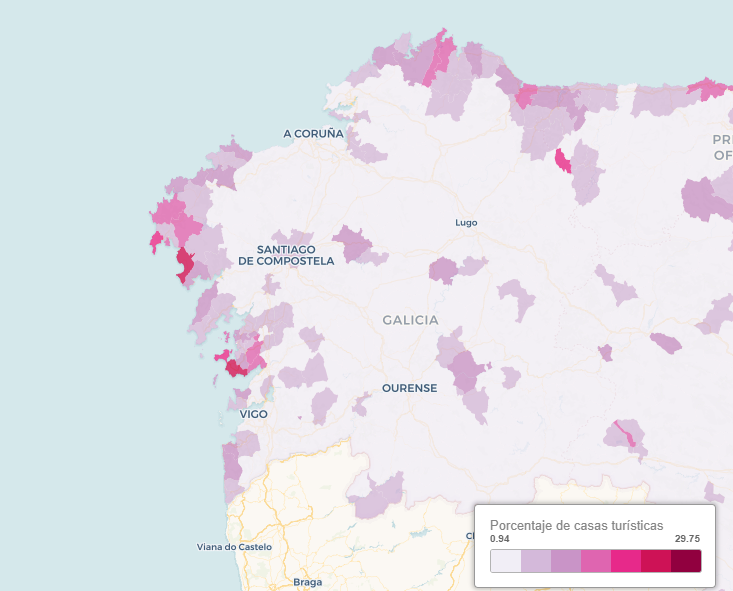 Mapa de porcentaje de viviendas turu00edsticas por ayuntamientos de Galicia creado por EPdata