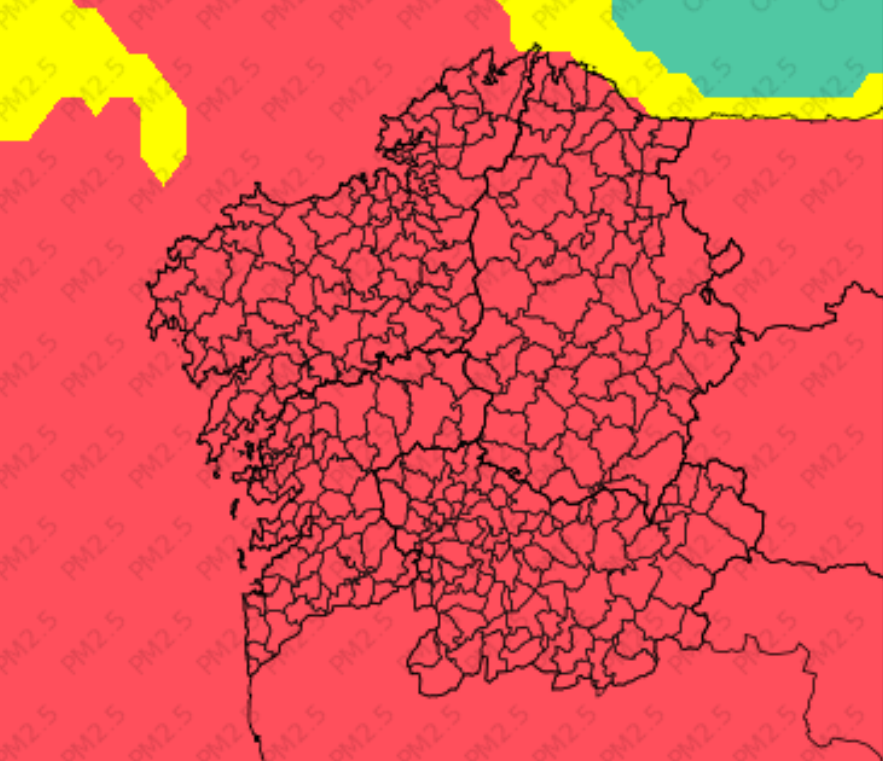 Mapa de Meteogalicia sobre la calidad del aire este viernes que seru00e1 mala debido a la presencia de muchas partu00edculas en suspensiu00f3n por la calima