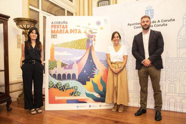 La alcaldesa de A Coruña, Inés Rey, ha presentado el programa de fiestas junto al delegado territorial de la Xunta en A Coruña, Gonzalo Trenor, y la autora del cartel de esta edición Rebeca Losada