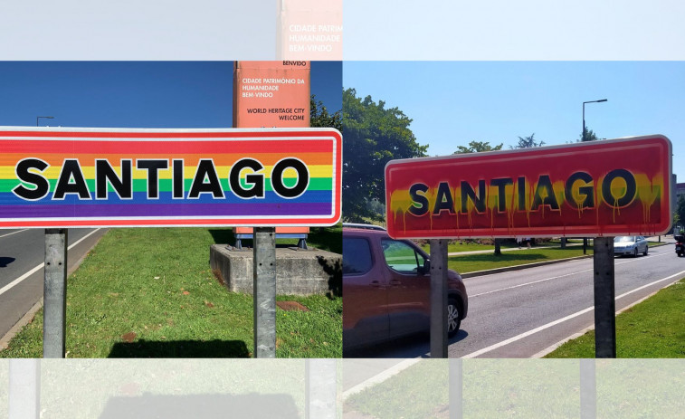 Vandalizan el letrero arcoíris de la entrada de Santiago de Compostela con los colores de España