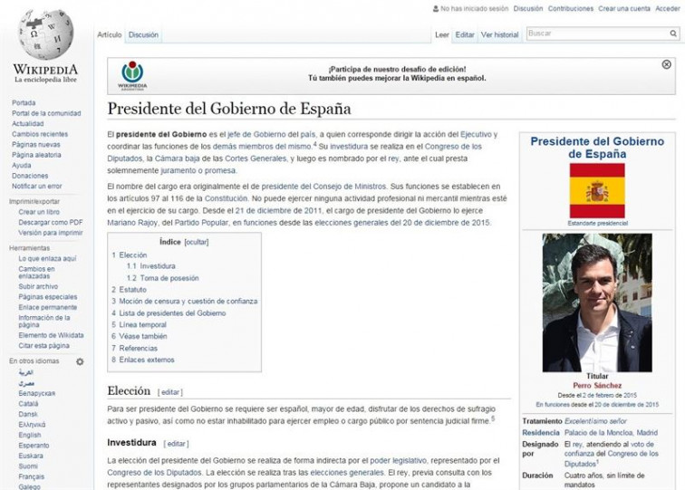 Pedro Sánchez xa é presidente... na Wikipedia