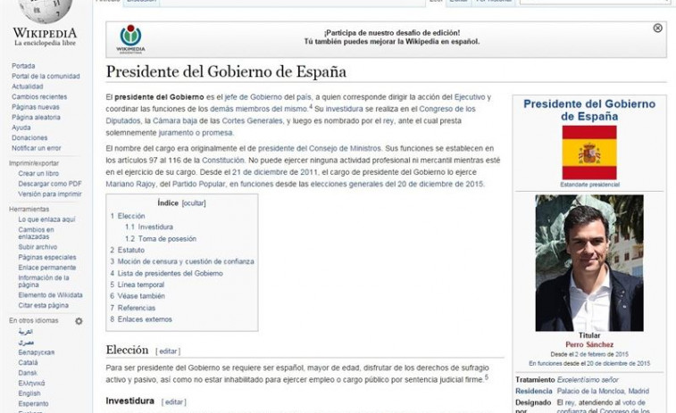 Pedro Sánchez xa é presidente... na Wikipedia