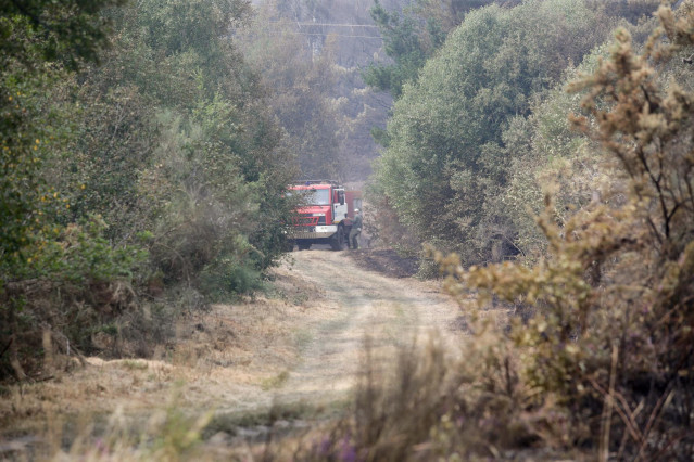 Efectivos durante las labores de extinción de un incendio, a 16 de julio de 2022, en A Pobra do Brollón, Lugo, Galicia.