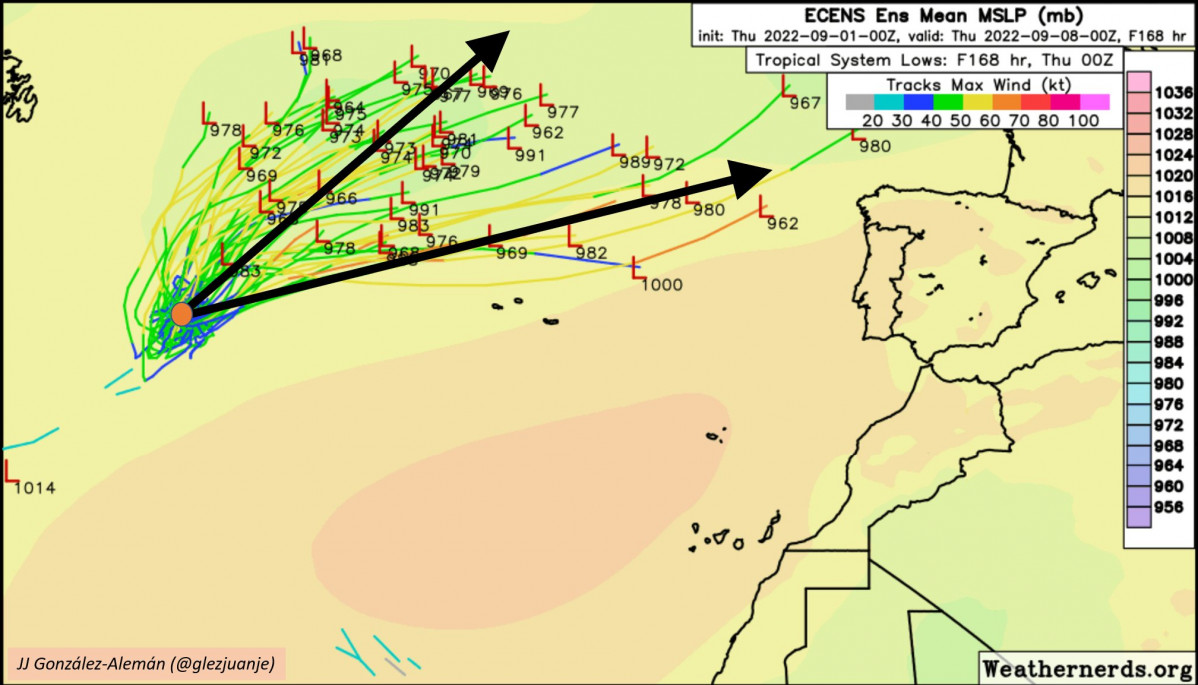 Posibles rumbos de la actual depresiu00f3n tropical en una foto de JJ Gonzalez a partir de un gru00e1fico del portal weathernerds